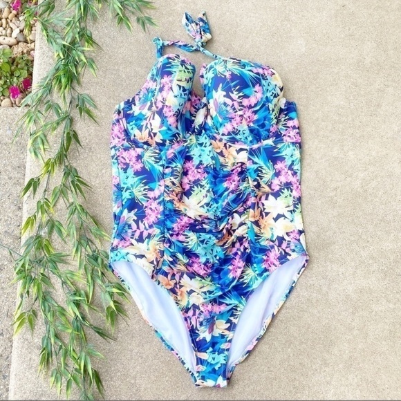 Swimsuits For All Floral Halter One Piece Womens 24 New - Picture 1 of 7